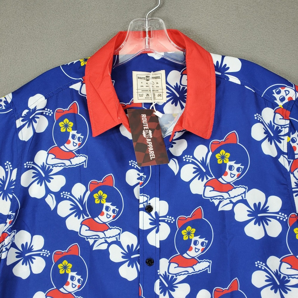 Route One Apparel Button Up Shirt Men L Blue Utz Girl Hibiscus Hawaiian Camp NEW